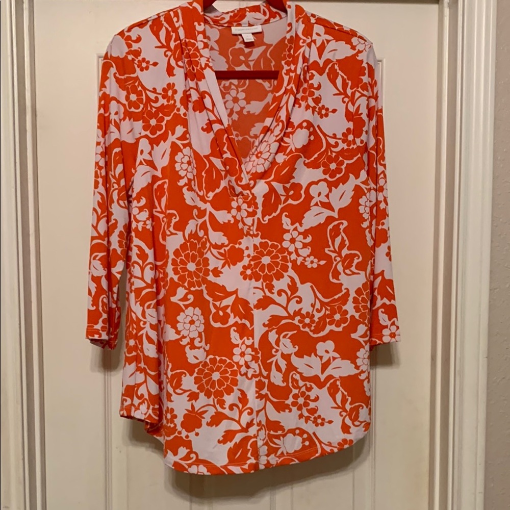 Charter Club Orange 3/4 Sleeve Graphic Blouse